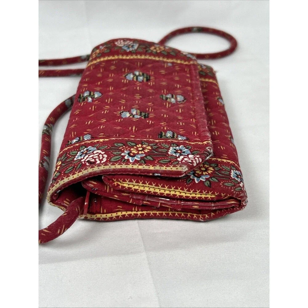 Vtg Vera Bradley Red Floral Paisley Trifold Wallet Strap Multi Pockets Quilted